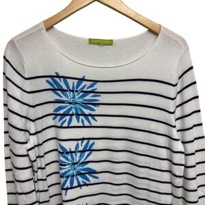 Sigrid Olsen Medium White‎ Stripeed Floral Embroidered Cotton Blend Sweater